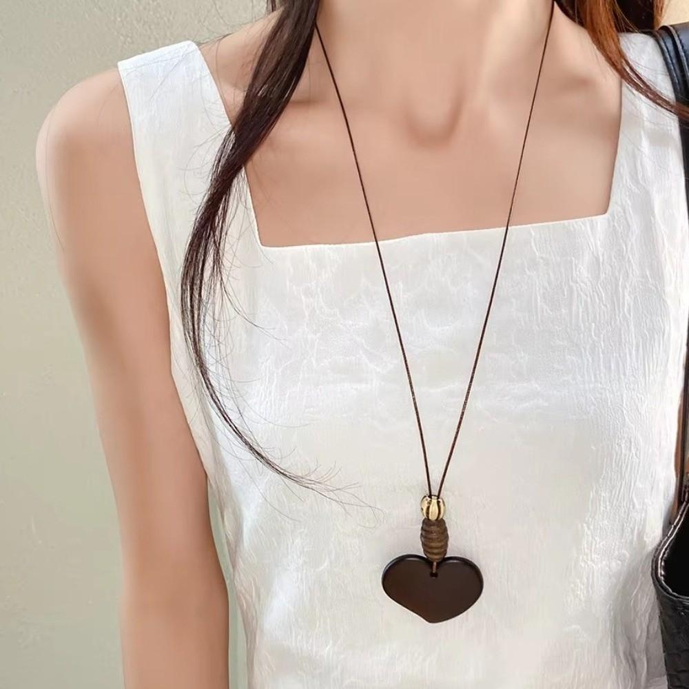 Hollow Heart Geometric Pendant Necklace Adjustable Rope Long Chain Resin Necklace Vintage
