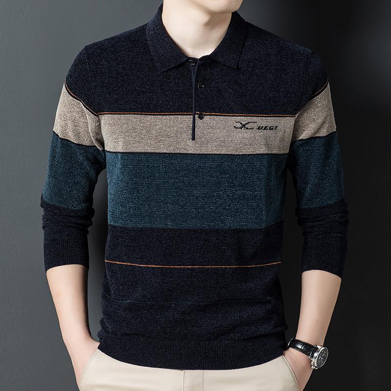 Men s Autumn Cashmere-Blend Long-Sleeve Lapel Knit T-Shirt XXXL
