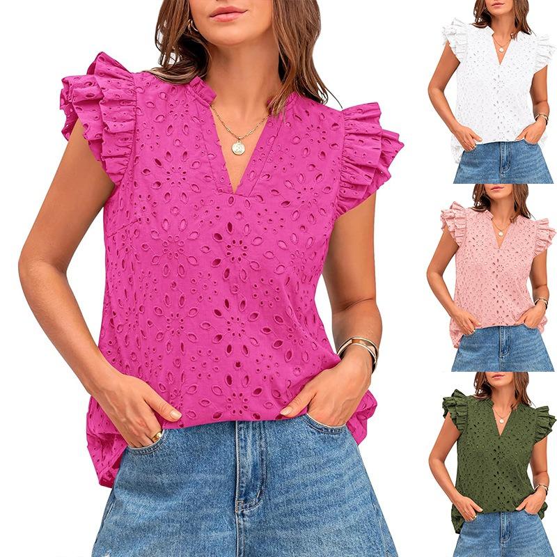 Women European Style Casual Summer Hollow Out Embroidery Flounce Sleeve V Neck Shirt