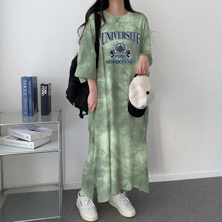 

Корейское летнее платье-футболка в стиле ретро тай-дай, свободное, стройнящее, с принтом букв XL зелёный