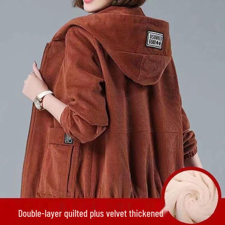 Women's Plus Size Corduroy Jacket - Fleece-Lined, Loose Fit for Autumn/Winter, Ideal for Middle-Aged Moms, Fits Up To 200 Lbs