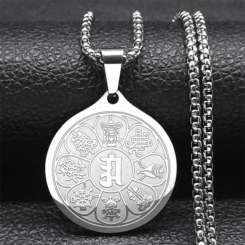 Eight Auspicious Treasures Six Character Mantra Lotus Medal Necklaces for Men Women Stainless Steel Eight-Treasure Lotus Jewelry