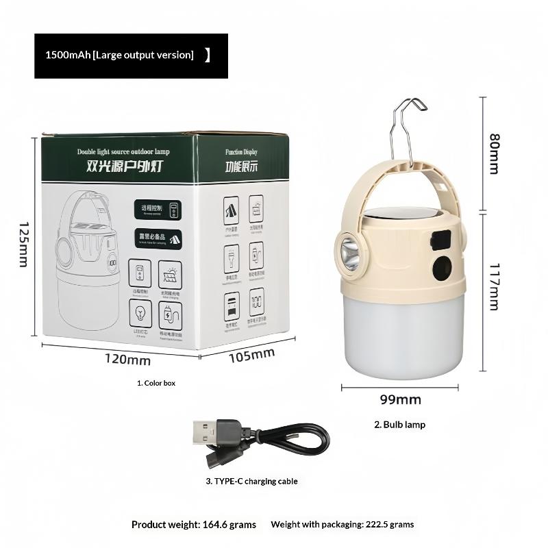 Long Endurance Camping Light Solar Powered Supports Type-C Charging Digital Display Outdoor Tent Light Emergency Light Hook