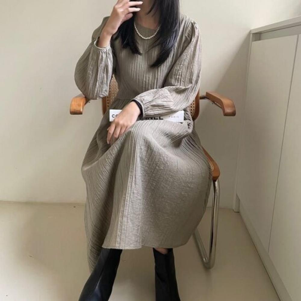 Mizqz Women Loose Fit Autumn Wrinkle Long Dress 4 Colors