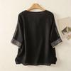Fashionable Women's Cotton Linen Embroidered V-neck Short-sleeved T-shirt, Loose Summer Top