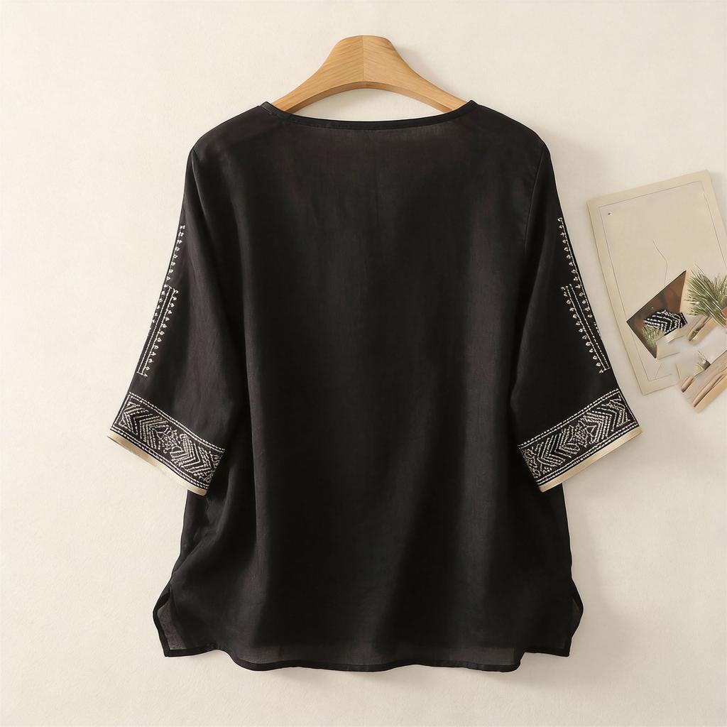 Fashionable Women's Cotton Linen Embroidered V-neck Short-sleeved T-shirt, Loose Summer Top