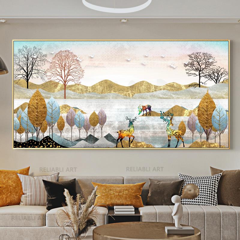 Chinese Feng Shui Golden Rich Tree Canvas Painting Wall Art Deer Landscape Lucky Stone Posters Wall Art for Living Room Decor