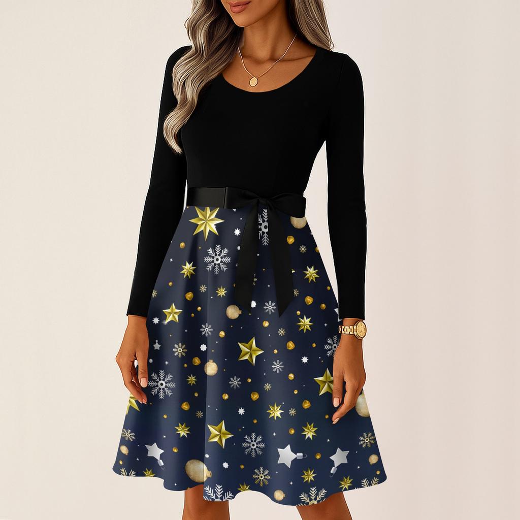 Kvinners avslappet mote langermet julegrafisk trykt vintage lange kjoler