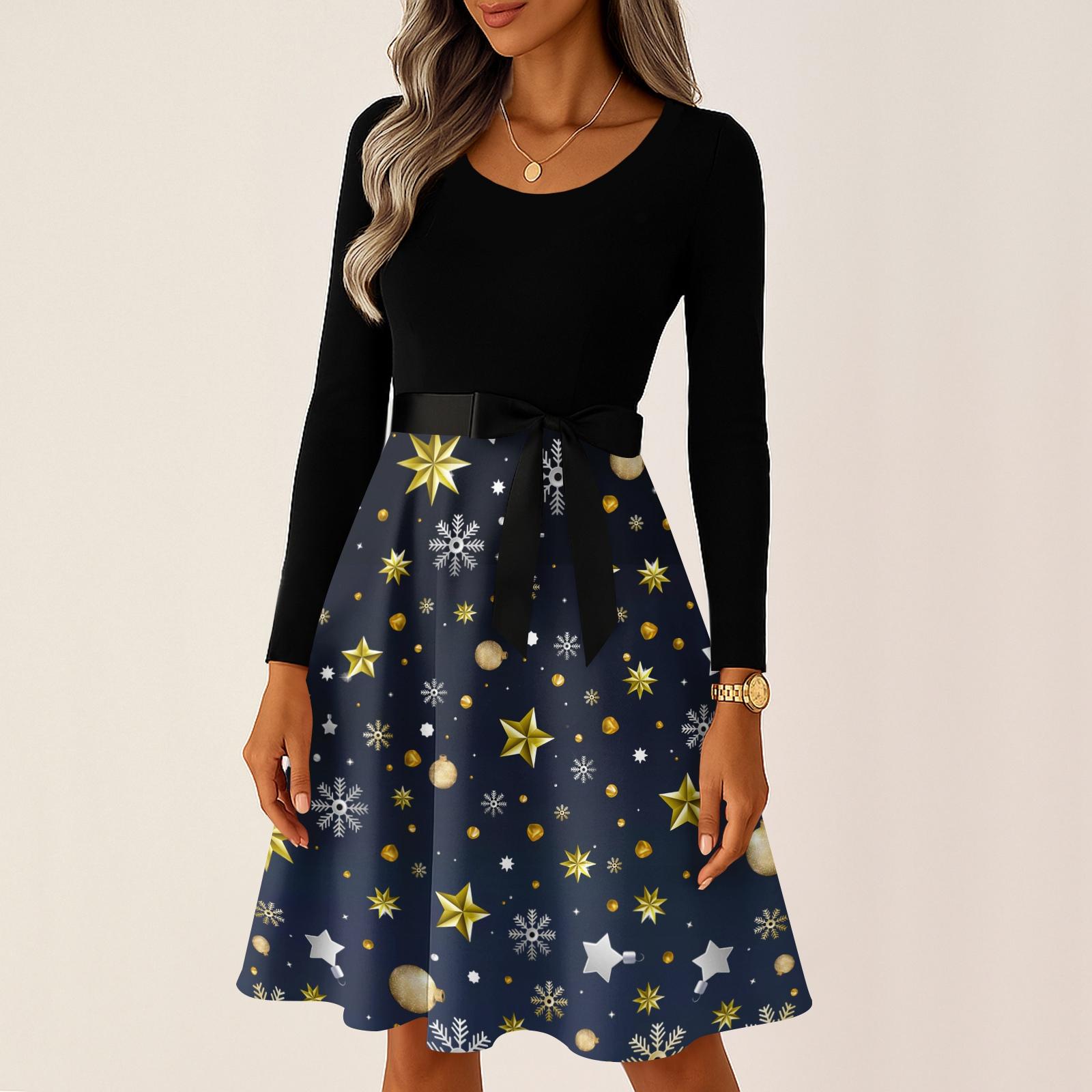 

Жіночі повсякденні модні вінтажні довгі сукні з різдвяними графічними принтами з довгими рукавами M Темно-синій