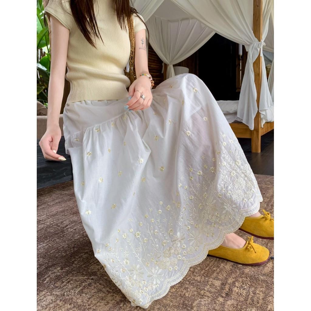 Qooth Women A Line Embroidery Flower Ruffle Skirt Wide Hem Mid Length Elastic Waist Casual Skirt QT2668