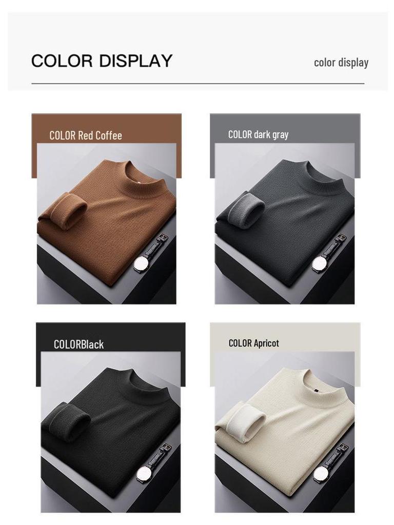 Men's Plus Velvet Half-High Collar Knit Sweater - Anti-Pilling Dobby Fleece, Solid Color for Autumn/Winter