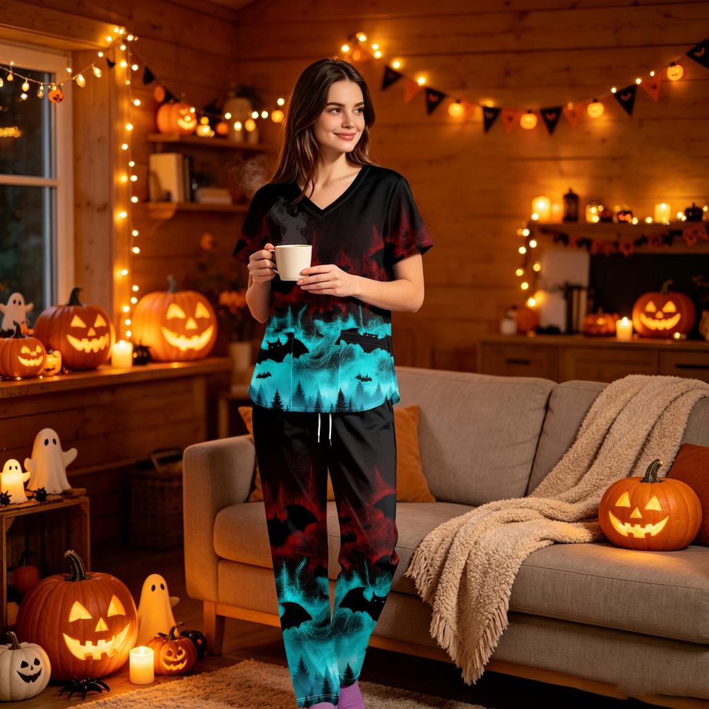 Women's V-Neck Short Sleeve Scrub Set with Pockets, Halloween Print Top and Pants for Uniform