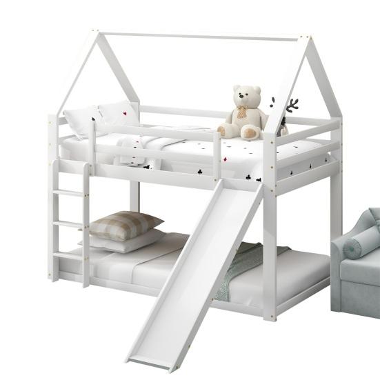 Stable Base Bunk Bed with Ladder Slide Falling Protection House Bed Strong Load Bearing Double Bed Solid Structure Wood Frame Family Loft Bed Bedroom