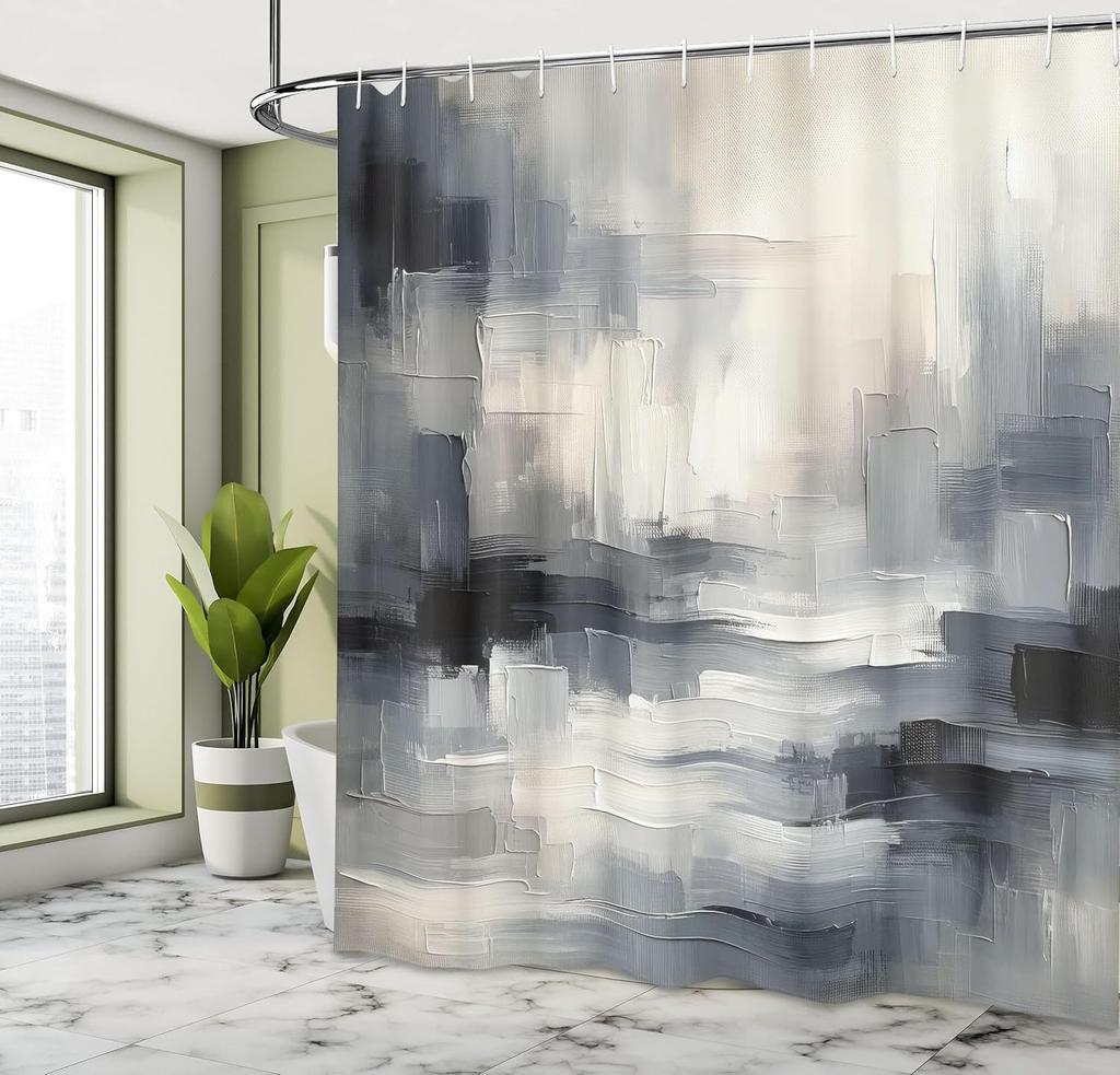 Black And White Shower Curtain, Modern Neutral Design Brush Strokes In Greyscale Palette Grunge Art, Cloth Fabric Bath
