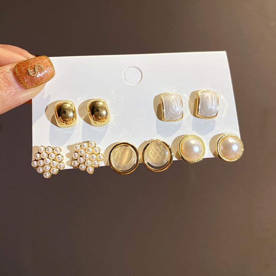 6/10/12 Pcs Simulated Pearl Round Square Stud Earrings Small French Elegant Daity Ear Studs for Women Daily Jewelry Sets F