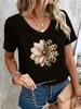 Women's V-Neck T-Shirt Flowers Print Tees Summer Short Sleeve Top Casual Trendy Female Clothing Graphic T-Shirts Clothes Women