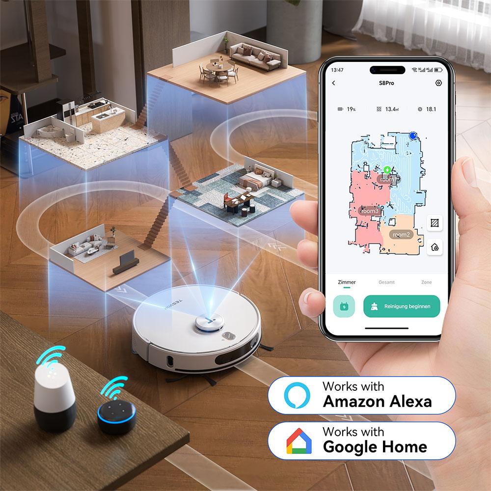 Tesvor S8 Max Roboterstaubsauger, 3-in-1 Staubsaugen/Kehren/Wischen, 8000Pa Super Saugkraft, Bis zu 180min Laufzeit, Selbstentleerend