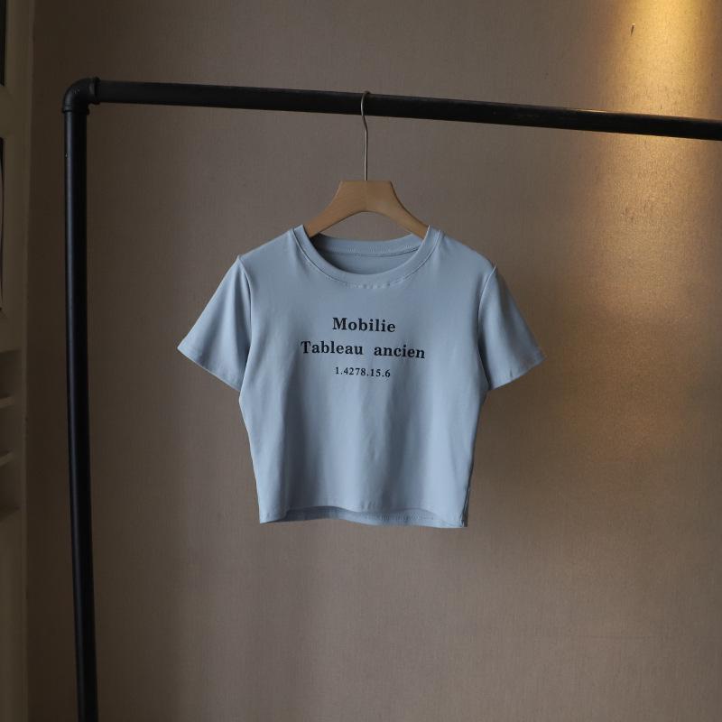 

2025 Summer Women s Slimming Korean Style Letter Print Round Neck Tee One Size синій/сірий колір