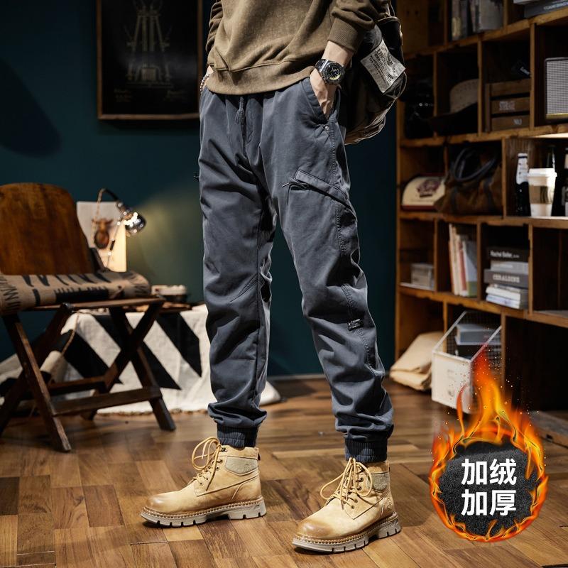 New Men's Versatile Tied Trousers Thickened Overalls Retro Design Trend Function Multi-pocket