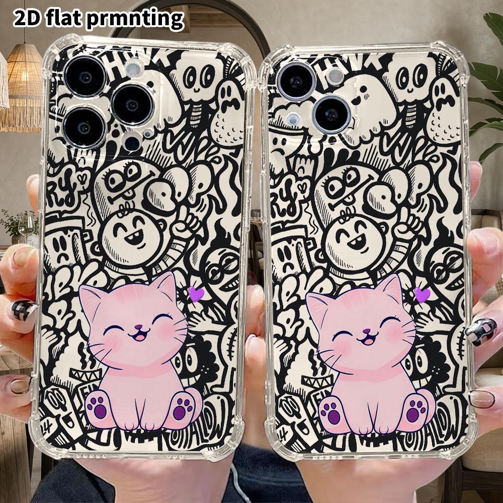Phone Case: 2D flat suitable for iPhone 18 17 16 15 14 13 Pro, transparent four corner protective case, smiling kitty, Christmas and Halloween gift