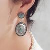 1 Pair Women Dangle Earrings Ethnic Round Shape Retro Bohemian Style Faux Turquoise Stainless Alloy