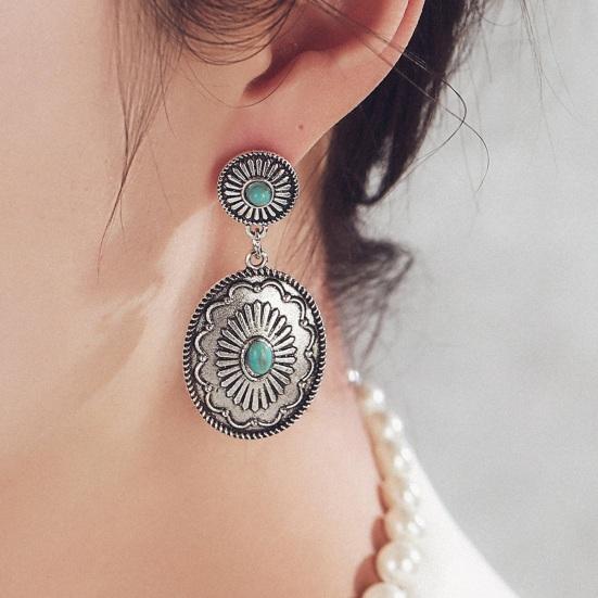 1 Pair Women Dangle Earrings Ethnic Round Shape Retro Bohemian Style Faux Turquoise Stainless Alloy