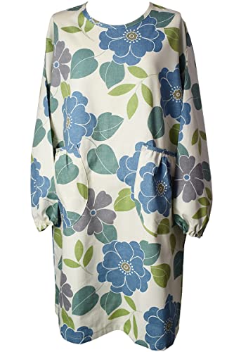 [Berry Berry] Japanese-made Pullover Apron, Covers the Buttocks, Floral Print, Nordic Style, Ivory and Blue Flowers