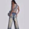 Women's Mid-waist Wing Pattern Printed Jeans, American Retro Style, Straight-leg Casual Pants for Hot Girls
