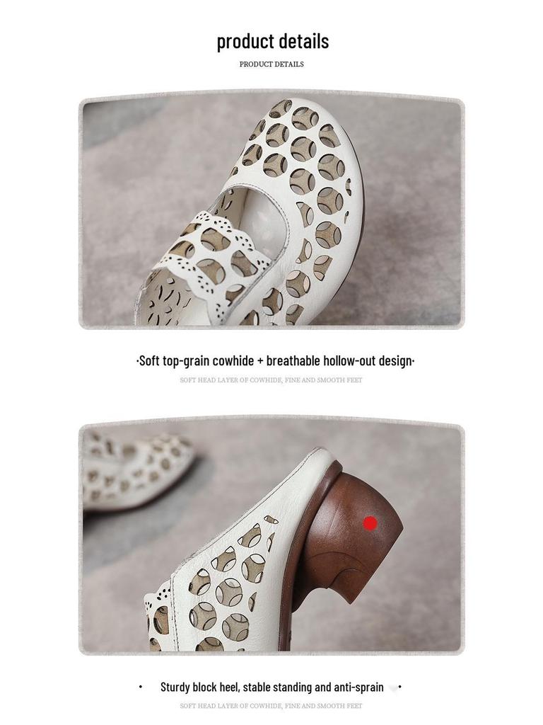 Baotou Women's Genuine Leather Mid-Heel Ethnic Style Slippers - Summer 2025 Hollow Soft Sole Sandals