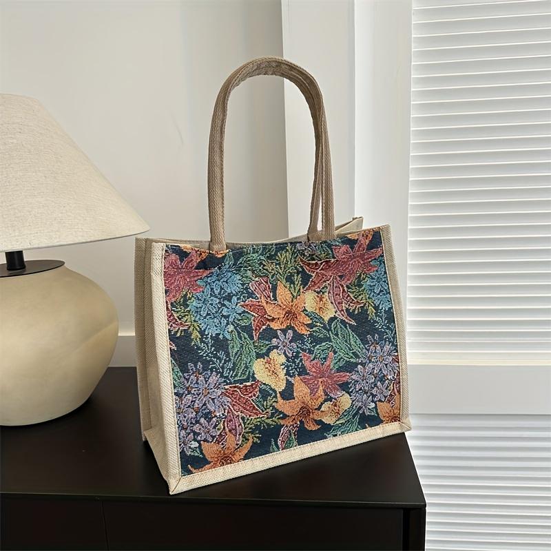 Simple and Fashionable Linen Flower Printing Handbag Women Fashion Commuter Shoulder Bags Tote Bag