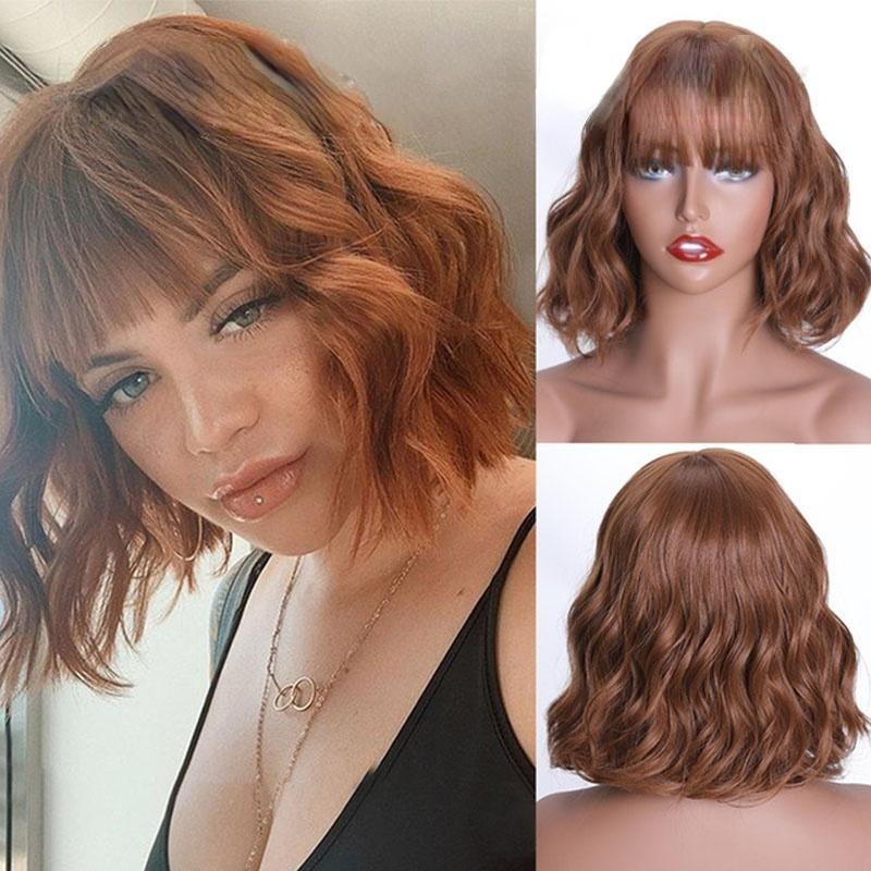 MERISIHAIR Short Wavy Wigs with Bangs Black Bob Wig with Bangs Shoulder Length Wigs for Women Synthetic Heat Resistant Fiber Wig