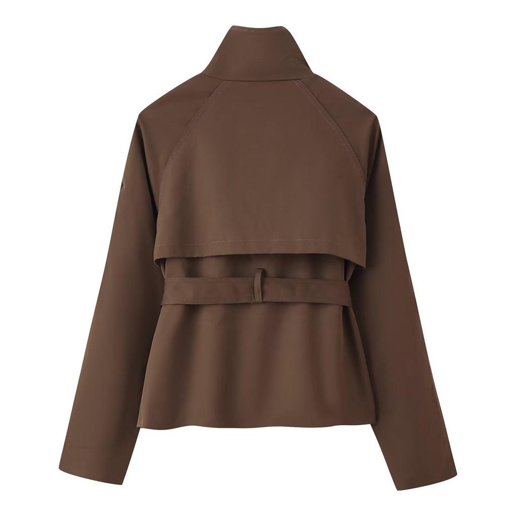 Europäischer und Amerikanischer Damen Doppelreiher Trenchcoat mit Bindegürtel Lässige Kurze Jacke