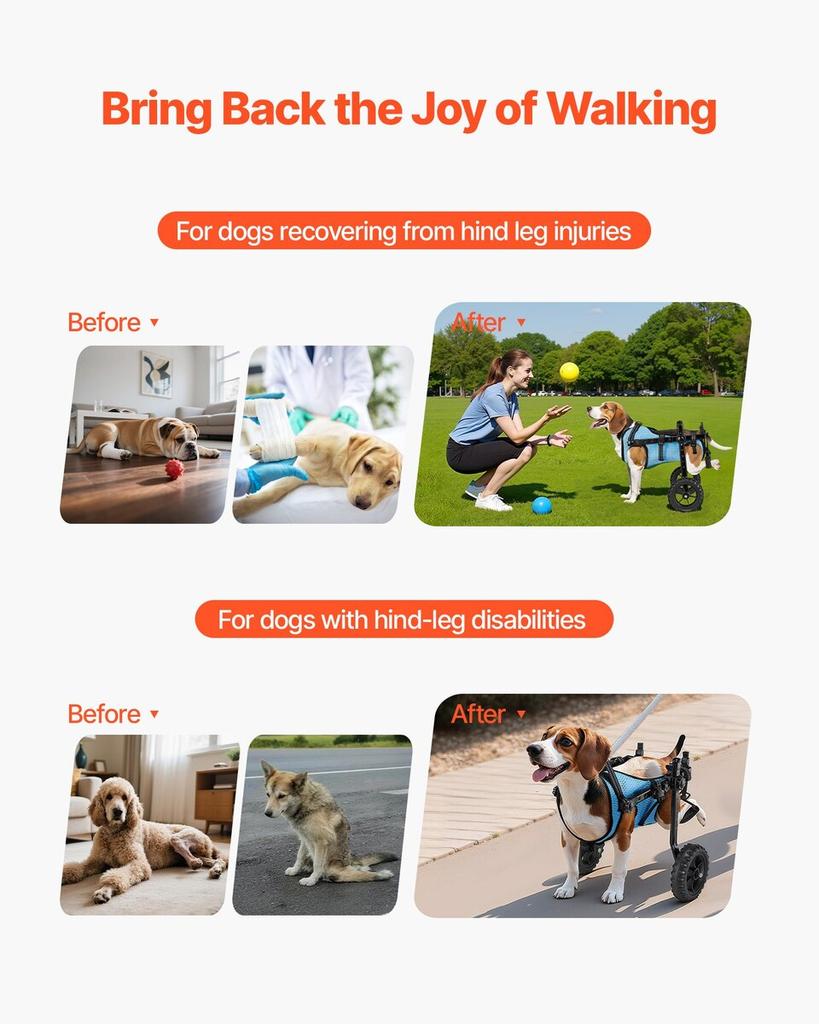 Silla de ruedas para perros de patas traseras, Silla de ruedas ajustable de 2 ruedas para mascotas, Carrito ligero para perros con ruedas amortiguadoras, Silla de ruedas de soporte de movilidad para