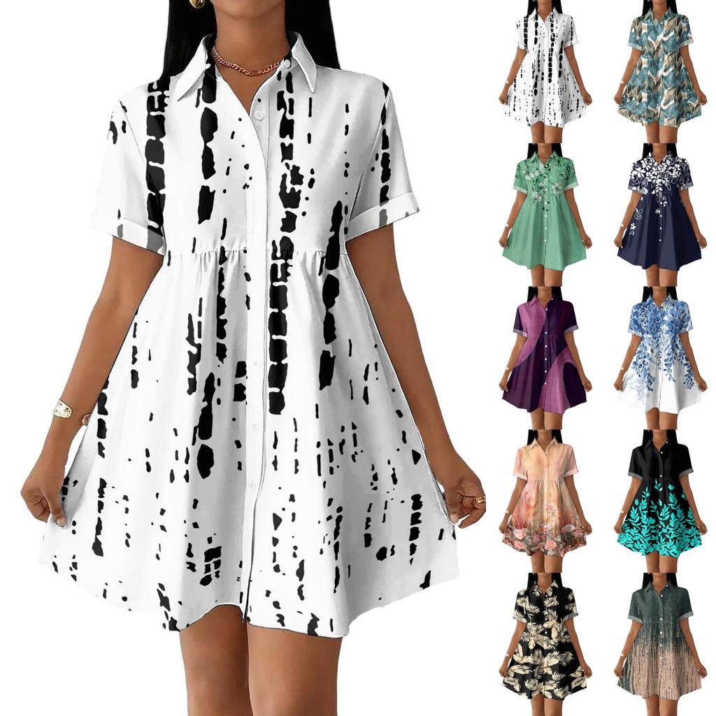 Women's Casual Loose Fit Shirt Dress Button Front Short Sleeve Collared Dress with Floral Print Suitable for Daily Wear and Outdoor Activities