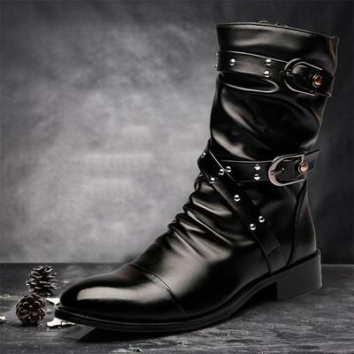 Modische Plateau-Stiefel für Herren Britische Spitzform High-End-Feeling, Nischen-Coole Stiefel Gürtelschnalle mit Dickem Absatz Design für Ritter Herrenstiefel
