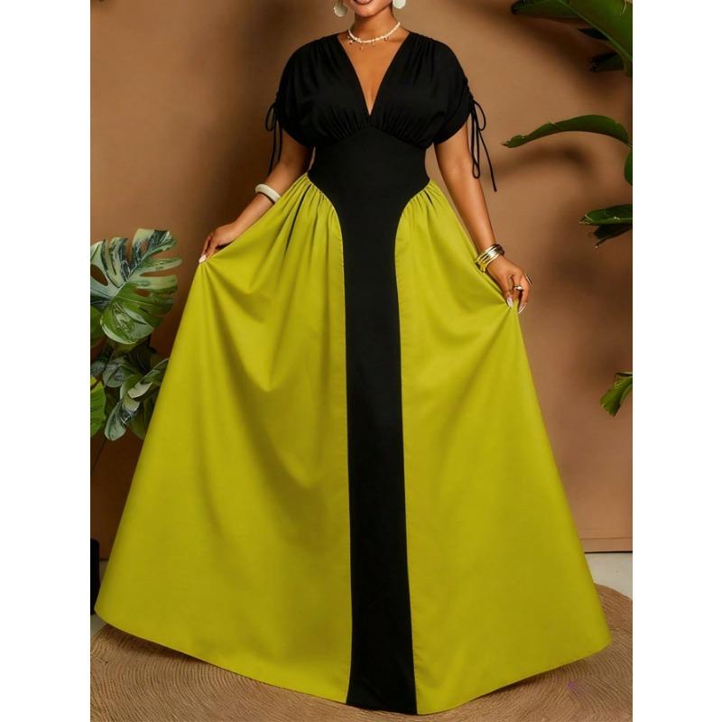 Plus Size V Neck Color Block Waist Cinched Midi Casual Dress For Women