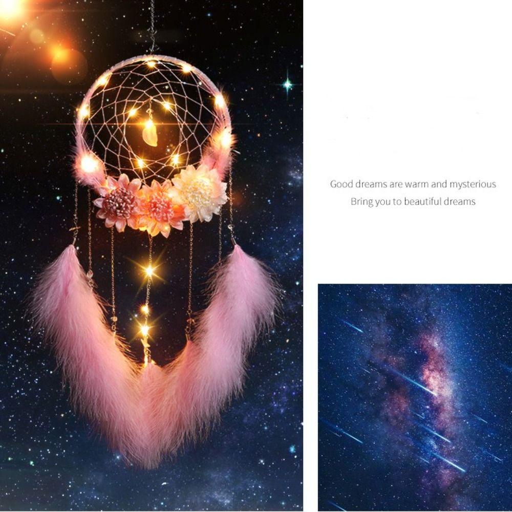 Wall Hanging Dream Catcher Pendant with Feathers with Flowers Feather Wind Chime with LED String Round Shape Night Light Home