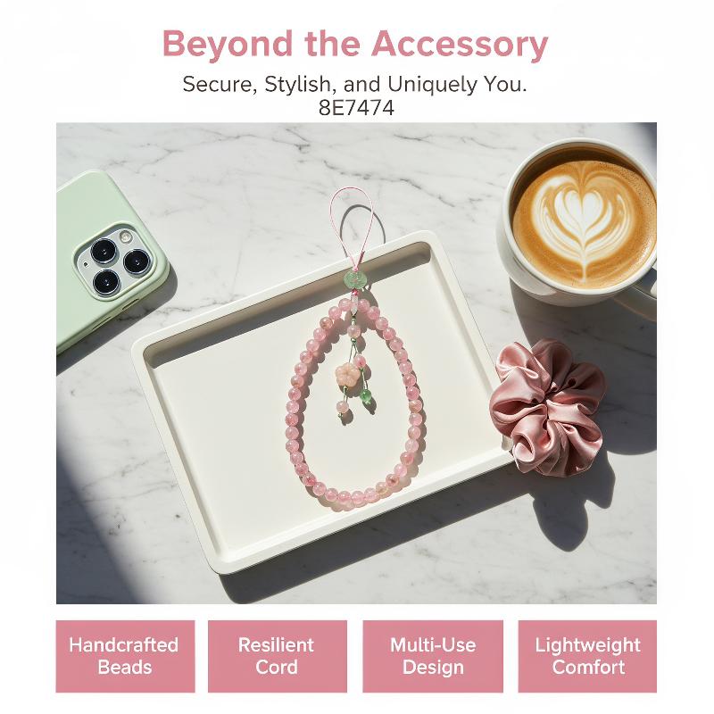 Pink Beaded Phone Wrist Strap Cute Flower Pendant Anti Loss Design For Women Daily Use Gifts