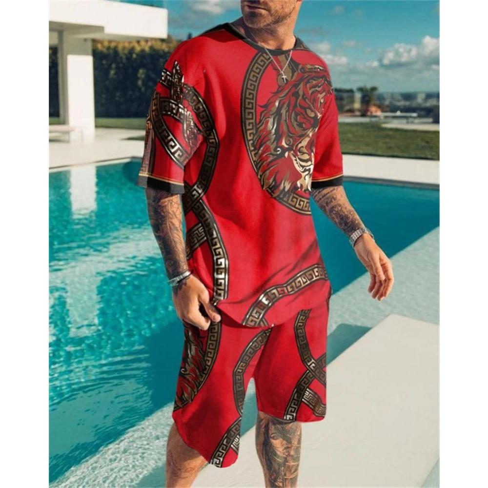 Plus Size 3D Lion Print Men's Cool T-shirt Shorts Set For Sports Fitness Summer Street Style Oversized Graphic 2Pcs Men Clothing