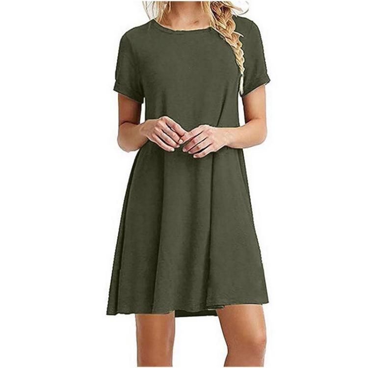 Summer Women Loose Solid Color Dress Short Sleeve Round Neck Large Size