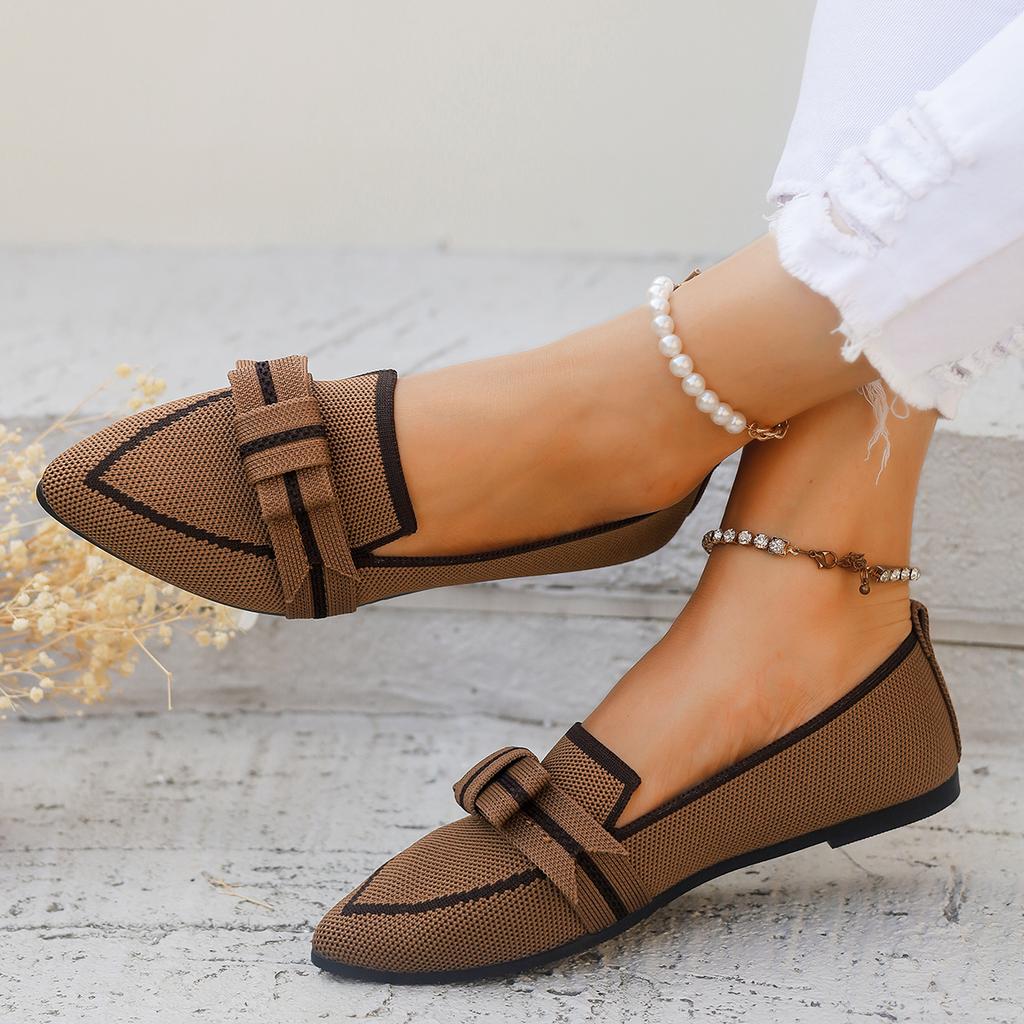 Bowknot Decor Women Loafers Breathable Knitted 2024 Autumn Soft Bottom Pointed Toe Slip On Ballet Flats Woman Solid Casual Shoes