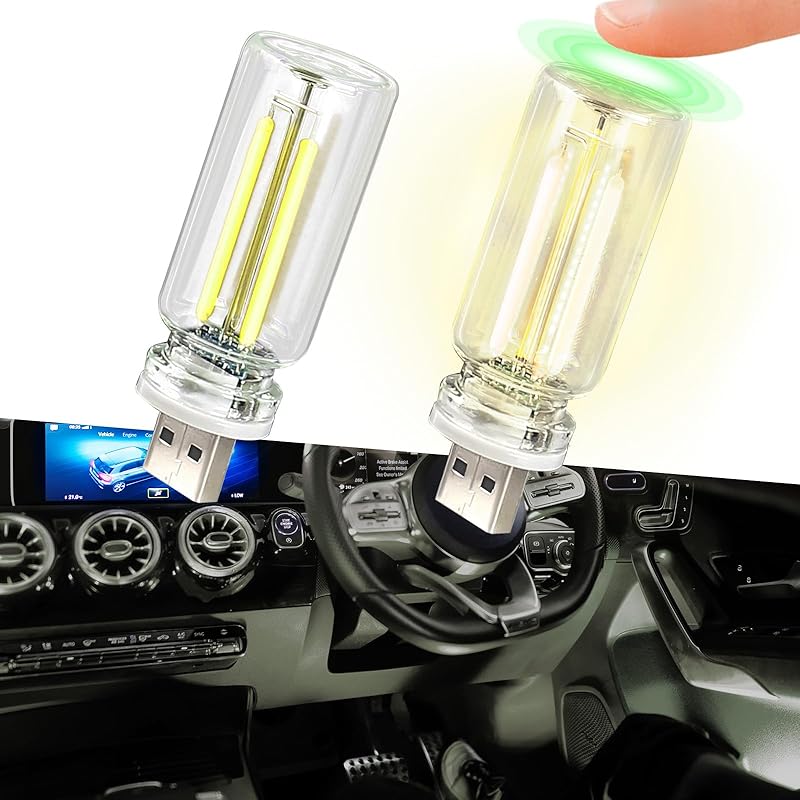 2PCS Car USB Night Lights, Touch Dimmable Vehicle Interior Ambient Lamp, Portable Retro Glass LED Light for Auto Decorations, Bedroom, Office,