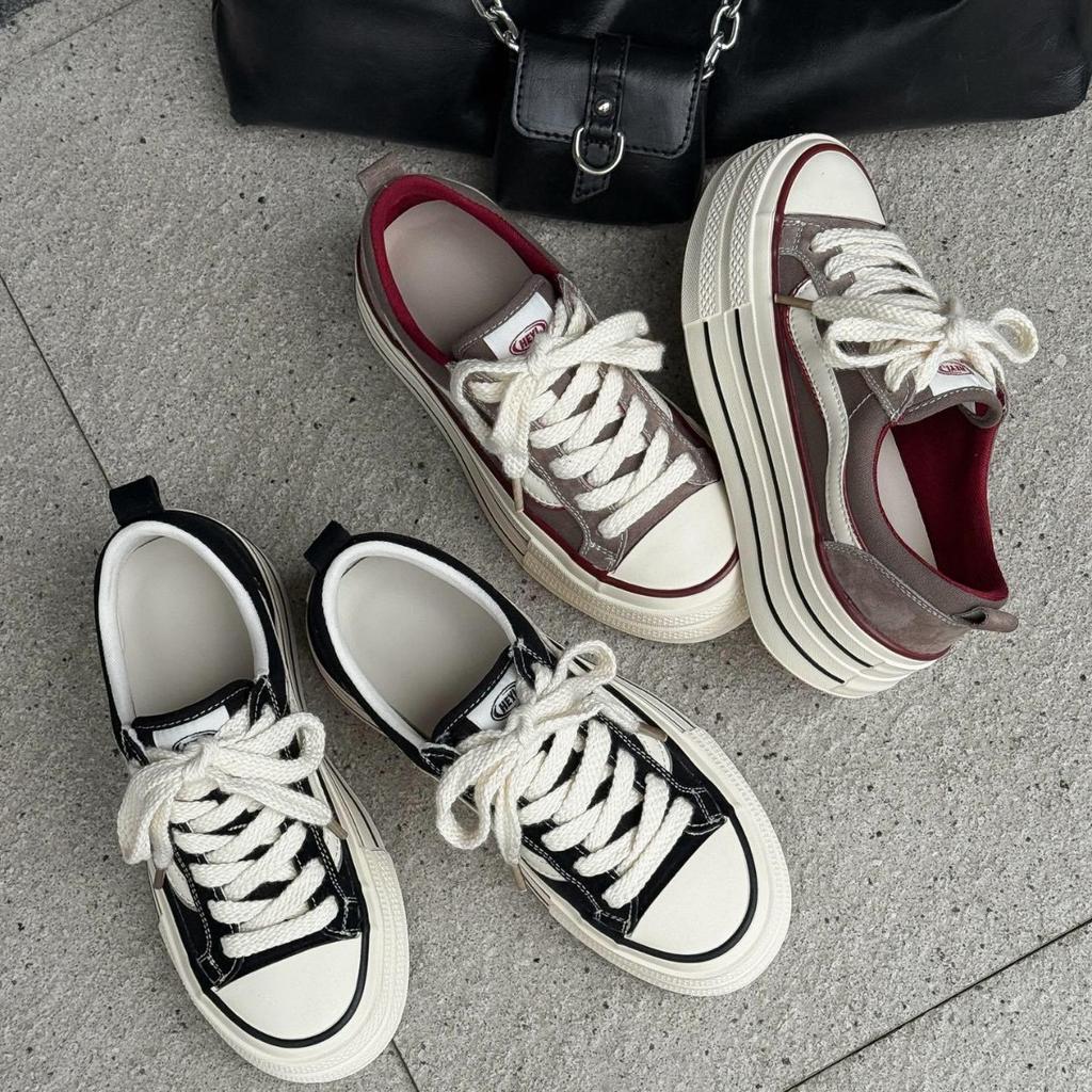 European 2025 New Leather Thick-soled Small Height-increasing Canvas Shoes Casual Fashion Single Shoes Comfortable Foreign Style Trendy Shoes