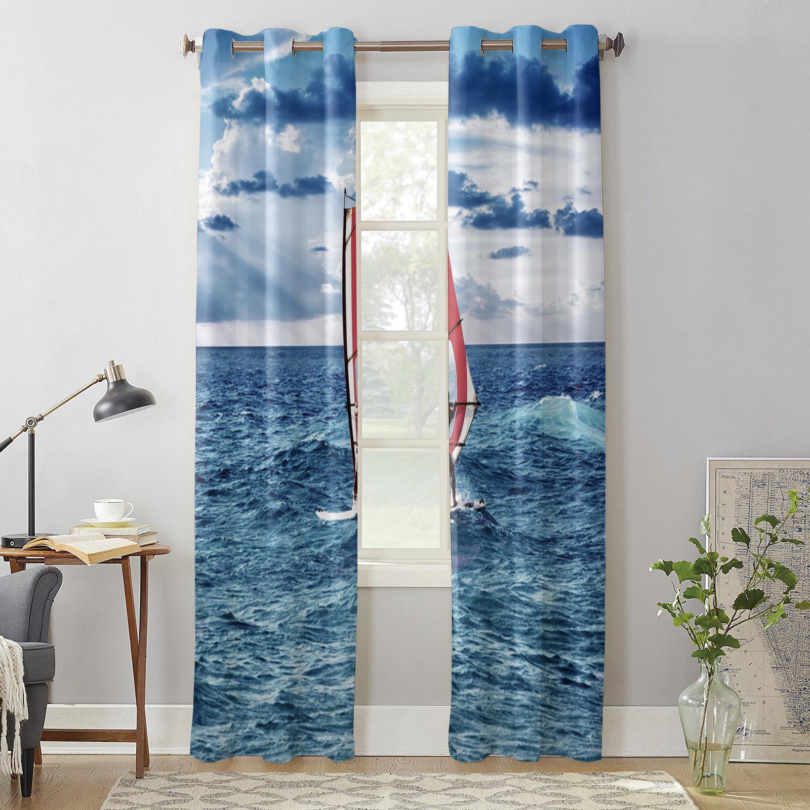 Синие морские волны Парусник Оконная штора Спальня Гостиная Оконные драпировки Кухонное — фото 5