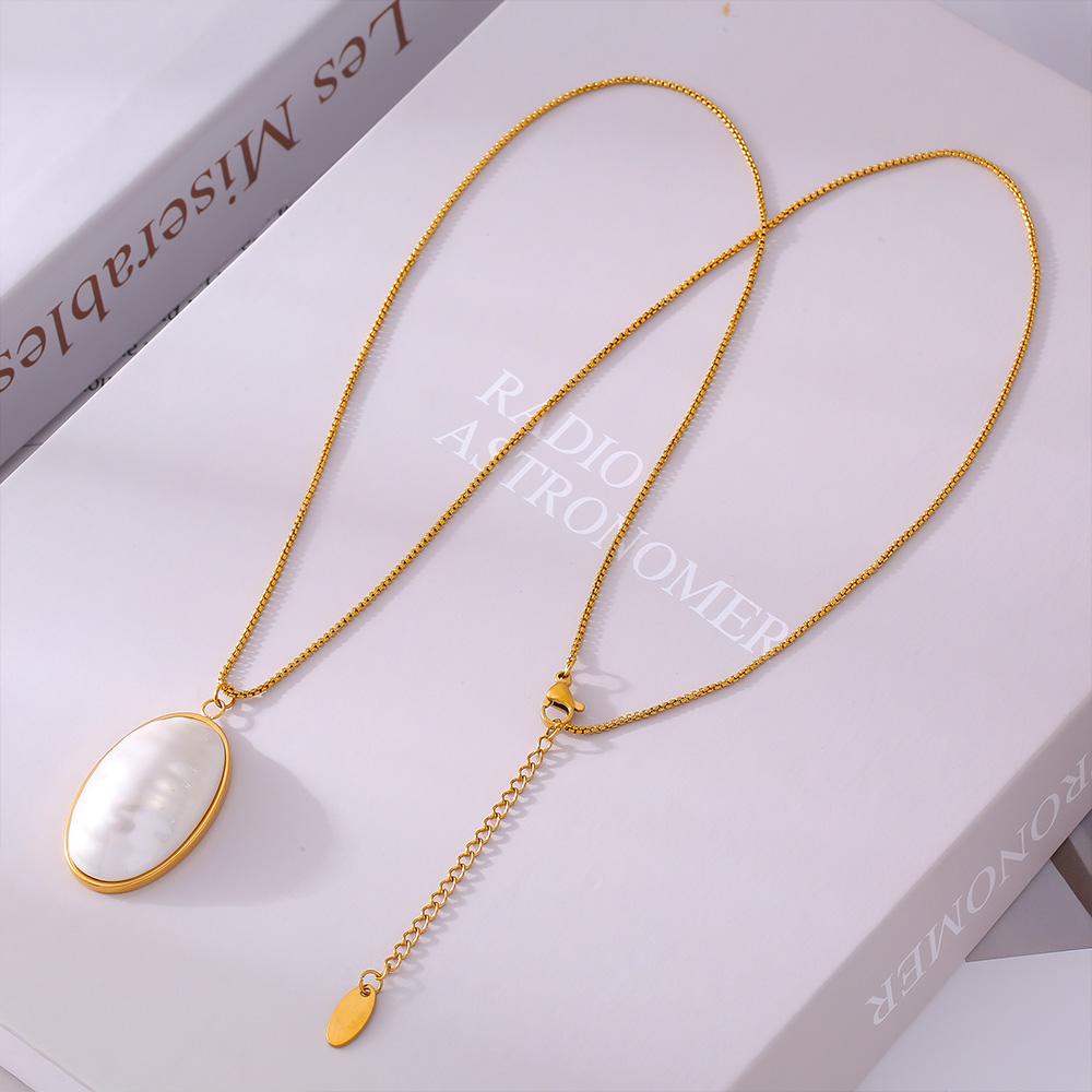 Stainless Steel Gold Plated Open Ring White Shell Oval Pendant Necklace Earrings Set Elegant Zircon Accessories for Women