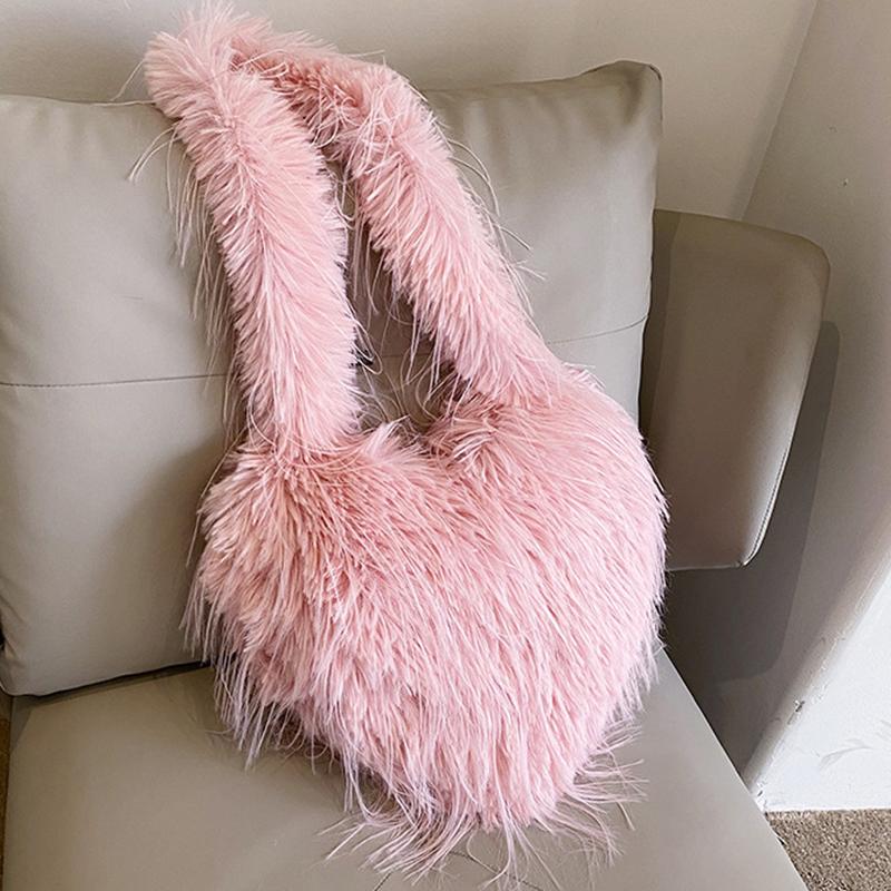 Yogodlns Long Plush Women's Large Shoulder Bag Luxury Faux Fur Female Love Shape Bags Y2k Punk Girls Fluffy Tote Handbags Crossbody Bag