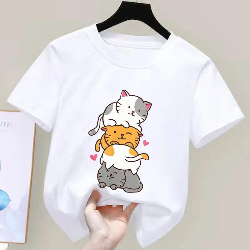 Cute Cat Graphic Kids Tshirts Summer Short Sleeve Tees Cartoon Animal Boys Girls Clothes Kawaii Kitten Tops Y2K Children T-shirt