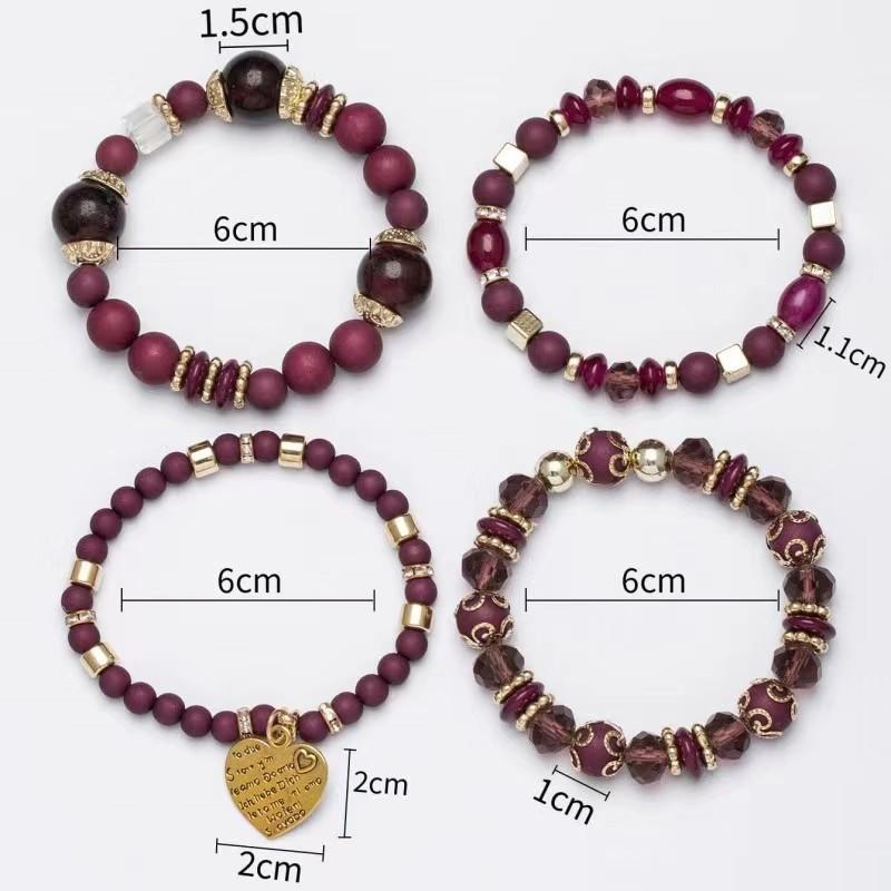 4Pcs Bohemian Acrylic Beads Bracelet Set For Women Men Vintage Heart Charm Elastic Chain Wrap Bangle  Party Jewelry Gift