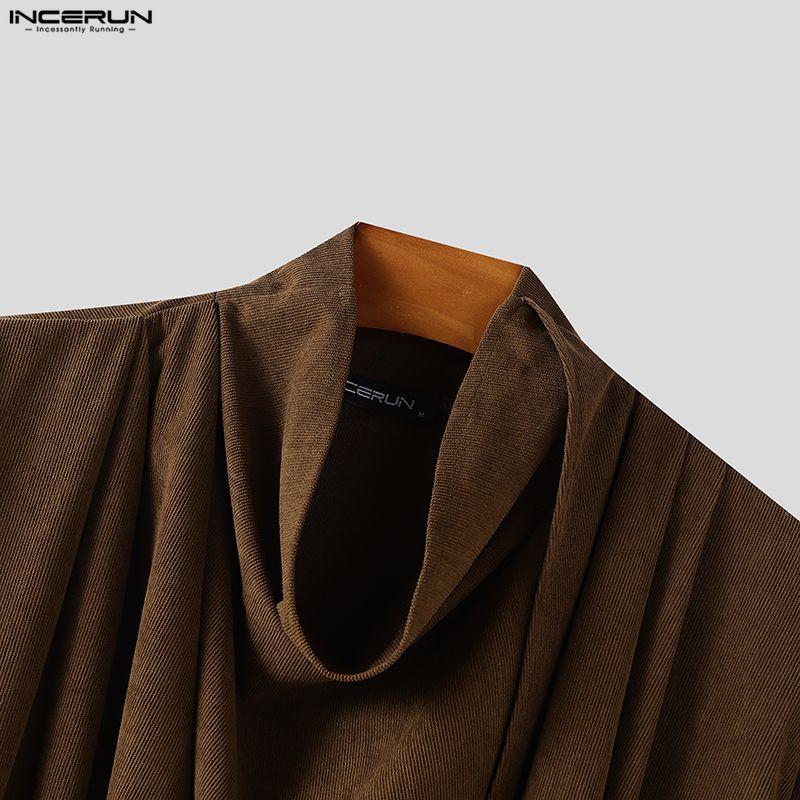INCERUN Pánské podzimní topy a trička s dlouhým rukávem, s neobvyklým volným žebrovaným střihem a výstřihem s klopou