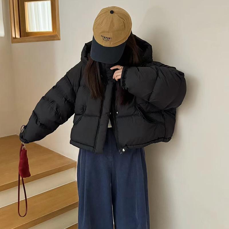 Premium hooded down jacket women's short 2024 winter thickened solid color loose white duck down small man bread jacket